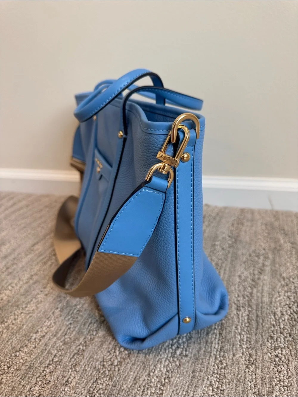 Michael Kors Sky Blue Pebble Leather Tote with Tan Strap